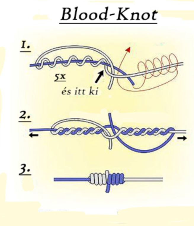 blood csomóval fonott zsinór és monofil kötése